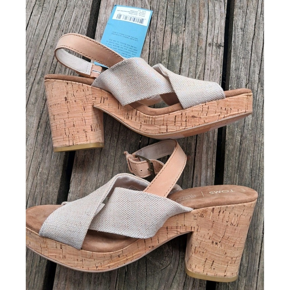 TOMS Ava Sandals Womens 8.5 Macadamia Leather Cork Platform Block Heel C4